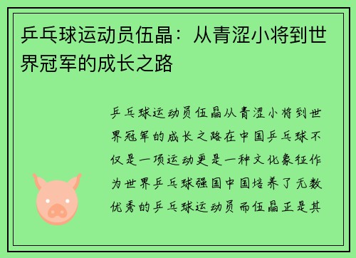 乒乓球运动员伍晶：从青涩小将到世界冠军的成长之路